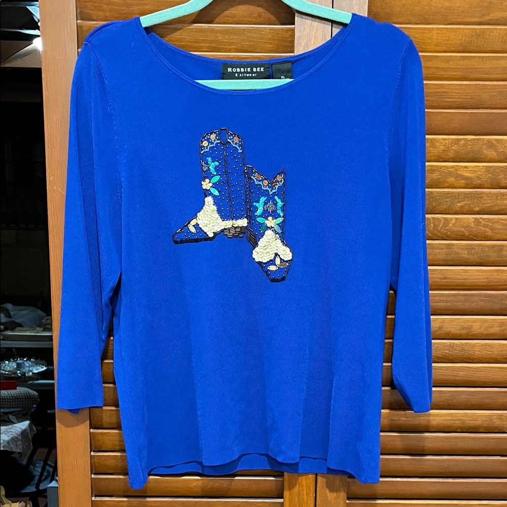 Robbie Bee Royal Blue Long Sleeve Top with Beaded Boot Design